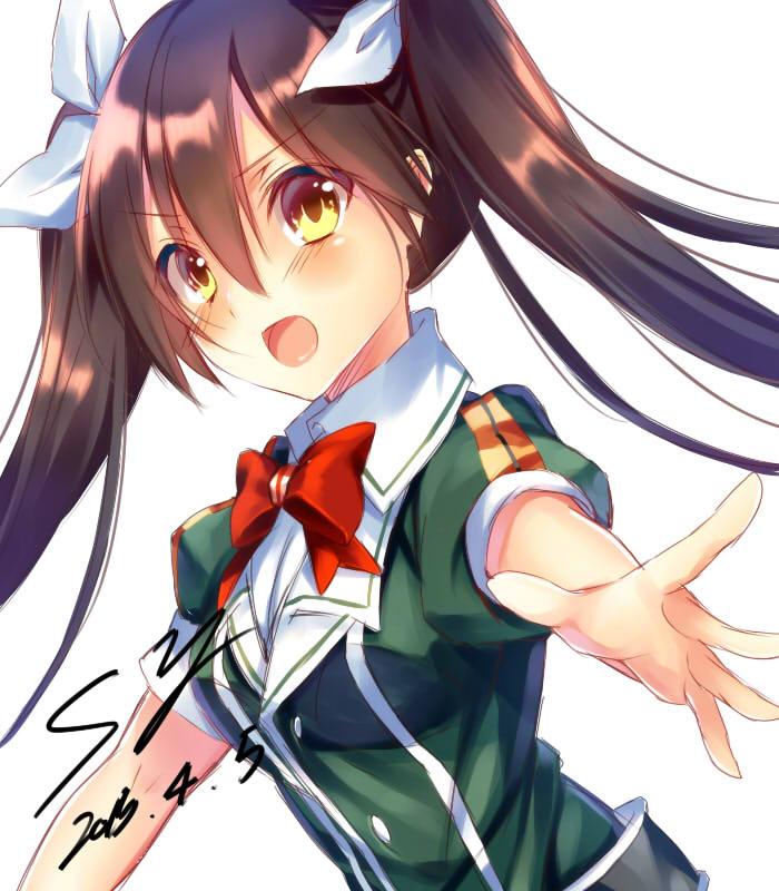 1girl 2015 artist_request brown_hair hair_between_eyes hair_ribbon jacket kantai_collection long_hair looking_at_viewer open_mouth ribbon solo tone_(kantai_collection) twintails white_background yellow_eyes