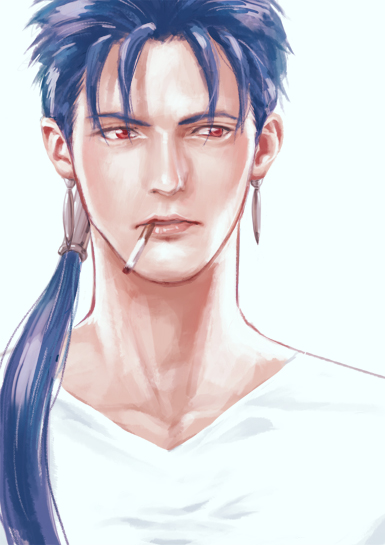 000000_(gallaghers) 1boy blue_hair casual cigarette fate/stay_night fate_(series) lancer ponytail realistic solo