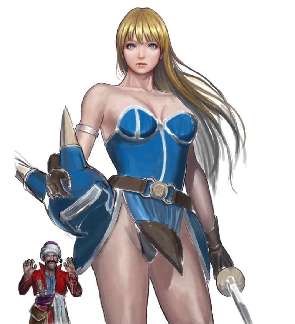 armlet armor bare_shoulders blue_eyes cowboy_shot daisy_(dq) dragon_quest_yuusha_abel_densetsu gloves helmet horned_helmet long_hair nanba_(tanishi) realistic redhead sword turban weapon