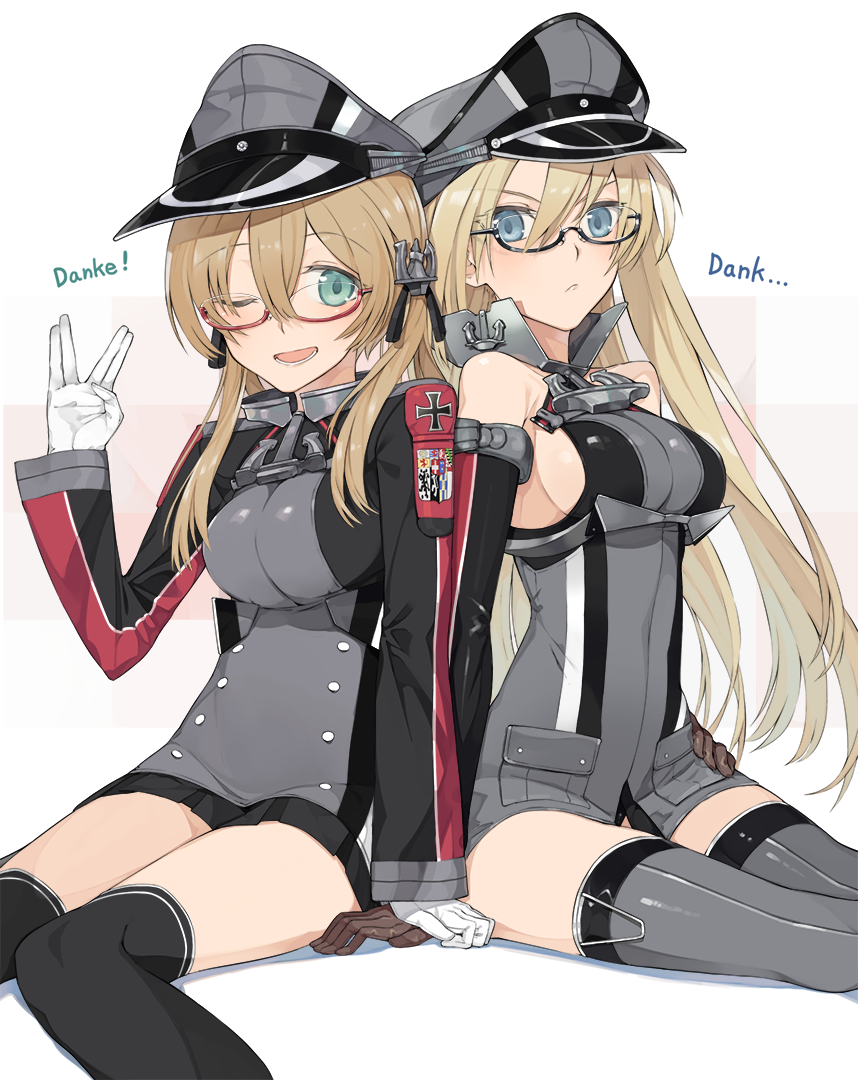 2girls anchor_hair_ornament back-to-back bare_shoulders bespectacled bismarck_(kantai_collection) blonde_hair blue_eyes breasts brown_gloves detached_sleeves german glasses gloves hair_ornament hat hayashi_kewi kantai_collection long_hair military military_uniform multiple_girls one_eye_closed open_mouth peaked_cap prinz_eugen_(kantai_collection) sitting smile thigh-highs twintails uniform vulcan_salute white_gloves