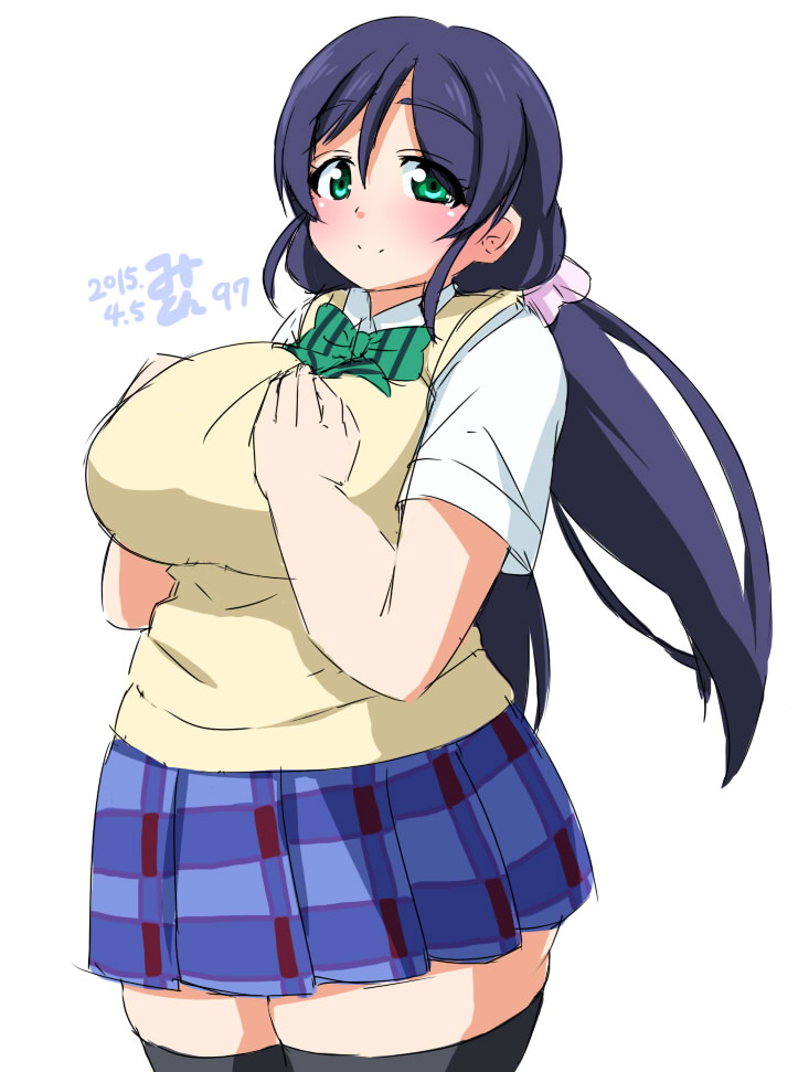 1girl blush bowtie breast_lift breast_squeeze breasts collared_shirt dated green_eyes huge_breasts long_hair looking_at_viewer love_live!_school_idol_project mikomu pleated_skirt plump purple_hair signature skirt smile solo sweater_vest tareme thick_thighs thighs toujou_nozomi twintails very_long_hair wide_hips