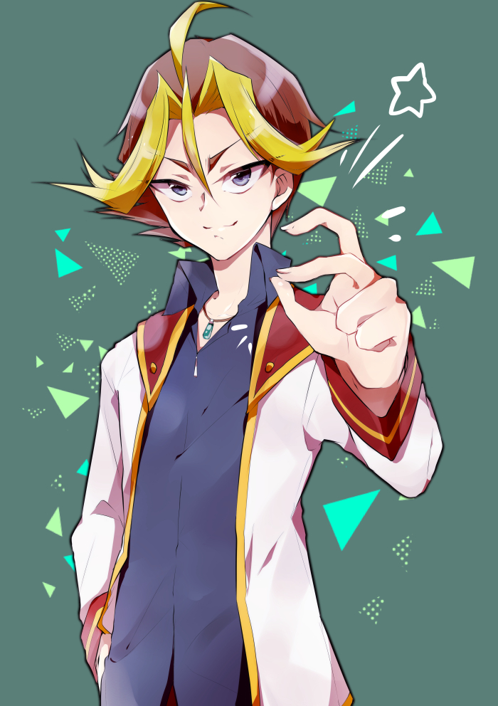 1boy blazer blonde_hair blue_eyes hand_in_pocket jewelry male_focus pendant sawatari_shingo school_uniform shiunga315 smile solo yuu-gi-ou yuu-gi-ou_arc-v