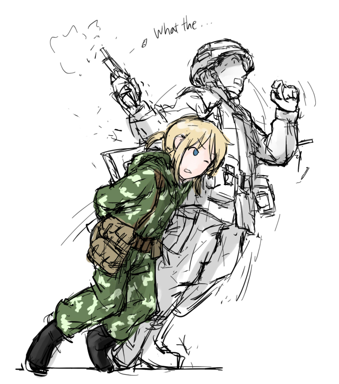 1boy 1girl anya_(dutchko) blonde_hair blue_eyes boots camouflage cartridge cigarette cigarette_box dragunov_svd dropping dutchko english firing gun handgun hat helmet klmk_(camo) m1911 military_hat original ponytail pushing rifle short_hair sniper_rifle soldier tagme tied_up weapon