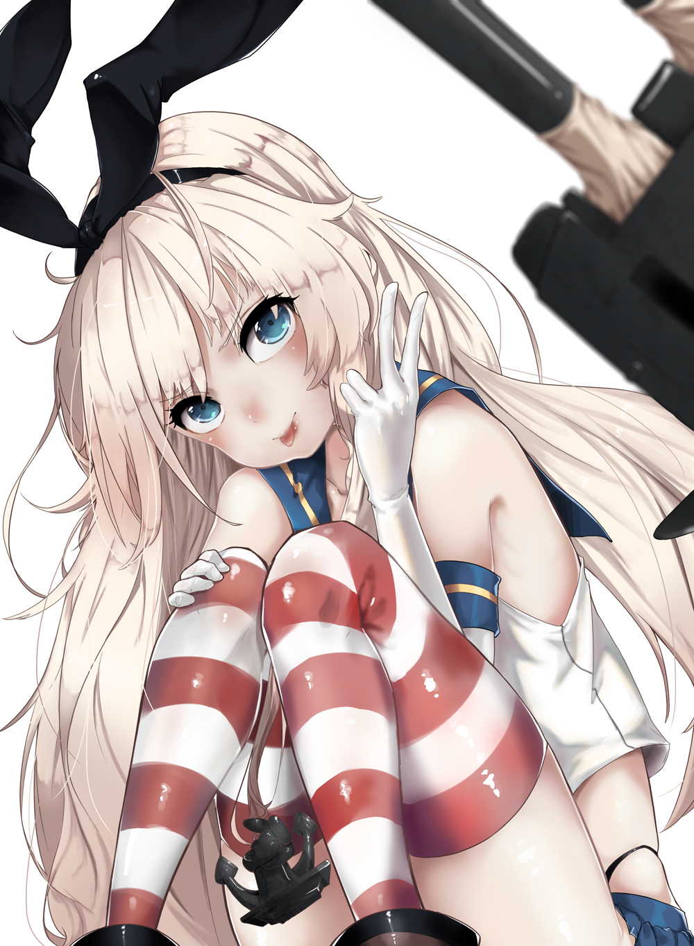1girl anchor_hair_ornament bare_shoulders blonde_hair blue_eyes boots collarbone elbow_gloves gloves hair_ornament hairband hands_on_feet head_tilt highleg highleg_panties highres kantai_collection long_hair looking_at_viewer machinery ming_(torga) miniskirt panties personification pleated_skirt rensouhou-chan sailor_collar school_uniform serafuku shimakaze_(kantai_collection) simple_background sitting skirt sleeveless striped striped_legwear thigh-highs tongue tongue_out turret underwear v white_background