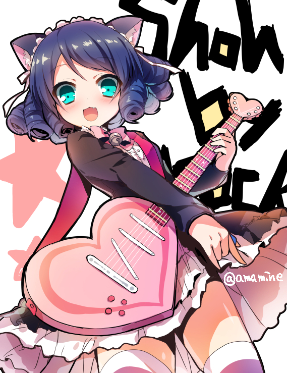 1girl :d animal_ears artist_name bell black_hair blush cat_ears cat_tail copyright_name curly_hair cyan_(show_by_rock!!) english guitar hair_ornament happy heart_guitar instrument jingle_bell looking_at_viewer open_mouth ruffled_skirt show_by_rock!! smile solo striped striped_legwear tagme tail thigh-highs thighs white_background