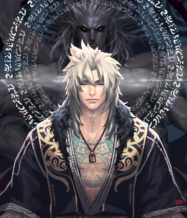 artist_request belzebuth card_(medium) chaos_online closed_eyes extra_arms indian_style jewelry long_hair looking_at_viewer male_focus meditation muscle necklace official_art shirtless sitting white_hair