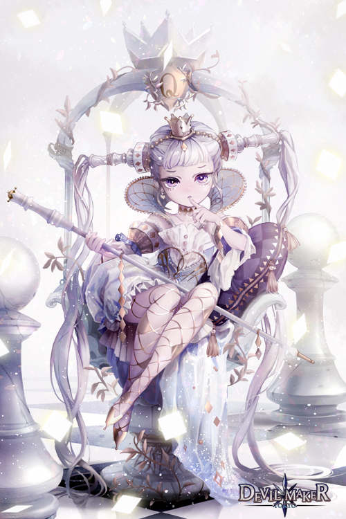 1girl checkered chess_piece copyright_name crown detached_sleeves devil_maker finger_to_mouth fishnet_pantyhose fishnets ggoorri hair_ornament holding logo long_hair looking_at_viewer neck_ruff official_art pantyhose pillow scepter silver_hair sitting solo tassel twintails very_long_hair violet_eyes