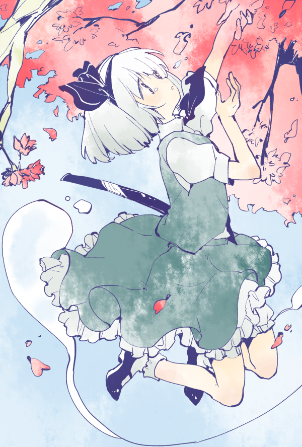 1girl ascot black_eyes black_shoes bobby_socks bow bowtie branch cherry_blossoms cherry_trees dress_shirt flower ghost green_eyes green_skirt green_vest hair_bow hairband hitodama katana kiguchiko konpaku_youmu konpaku_youmu_(ghost) legs_up mary_janes petals plant puffy_short_sleeves puffy_sleeves ribbon scabbard sheath sheathed shirt shoes short_hair short_sleeves silver_hair skirt socks solo sword touhou tree_branch vest weapon white_legwear white_shirt