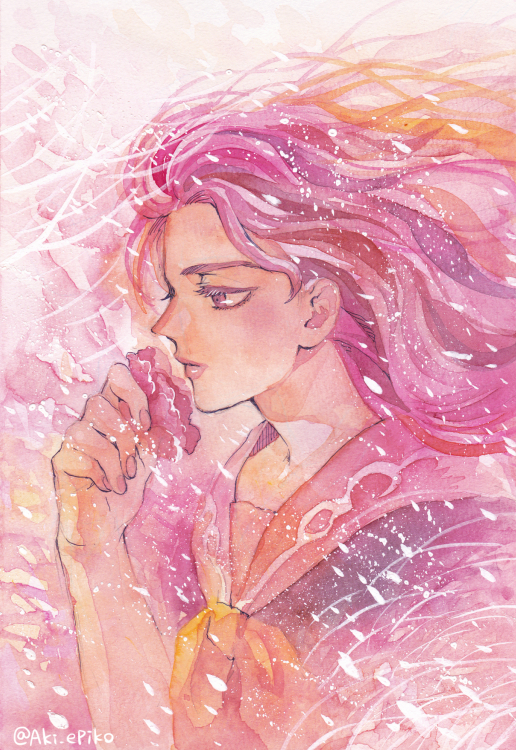 1girl aki_epiko jojo_no_kimyou_na_bouken pink school_uniform solo traditional_media watercolor_(medium) yamagishi_yukako