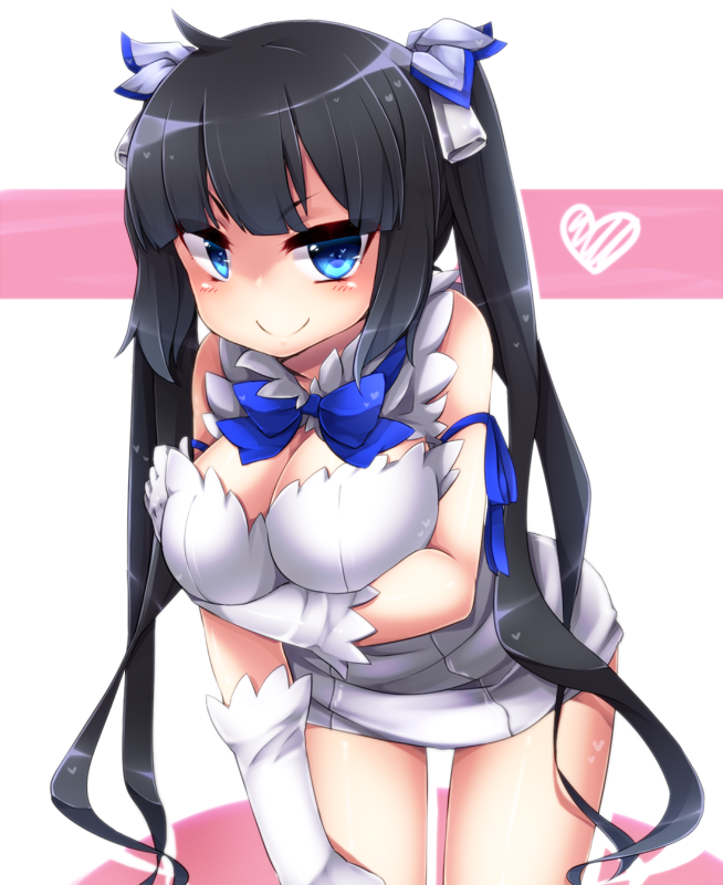 1girl arm_ribbon bare_shoulders black_hair blue_eyes blush bow bowtie breast_hold breasts cleavage cleavage_cutout dress dungeon_ni_deai_wo_motomeru_no_wa_machigatteiru_darou_ka elbow_gloves gloves hair_ornament hair_ribbon heart heart-shaped_pupils hestia_(dungeon) holding_elbow large_breasts leaning_forward long_hair looking_at_viewer ribbon short_dress sleeveless sleeveless_dress smile solo symbol-shaped_pupils twintails white_dress white_gloves