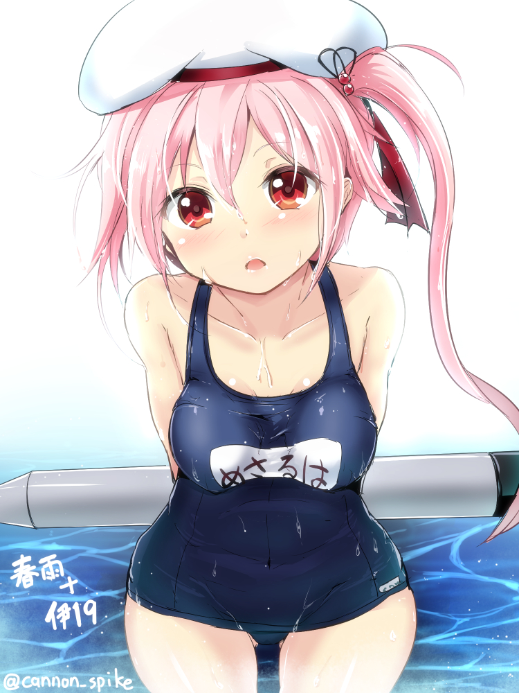 1girl bare_shoulders beret blush collarbone covered_navel gin'ichi_(akacia) hair_ornament harusame_(kantai_collection) hat i-19_(kantai_collection)_(cosplay) kantai_collection looking_at_viewer open_mouth pink_hair red_eyes school_swimsuit side_ponytail solo swimsuit torpedo translation_request twitter_username wet