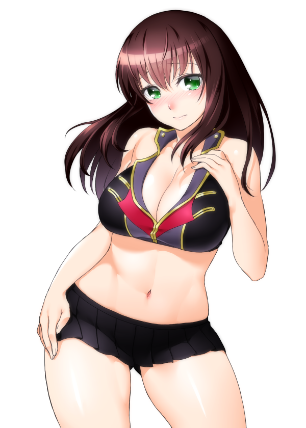 1girl blush breasts brown_hair cleavage curvy green_eyes large_breasts long_hair midriff navel onsoku_maru setsuko_ohara skirt solo super_robot_wars super_robot_wars_z thighs underwear