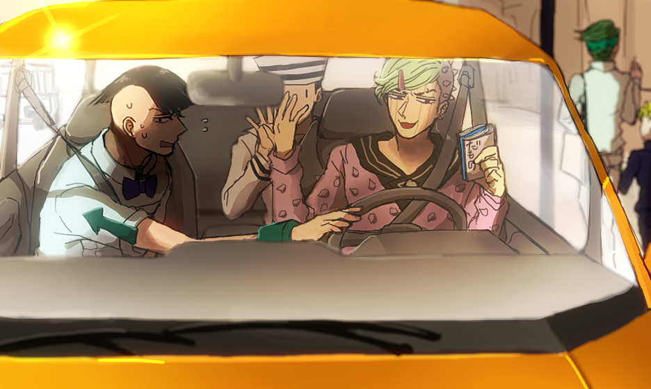 5boys book car higashikata_joubin higashikata_joushuu higashikata_jousuke_(jojolion) hirose_koichi jojo_no_kimyou_na_bouken kishibe_rohan motor_vehicle multiple_boys nanmai_da vehicle