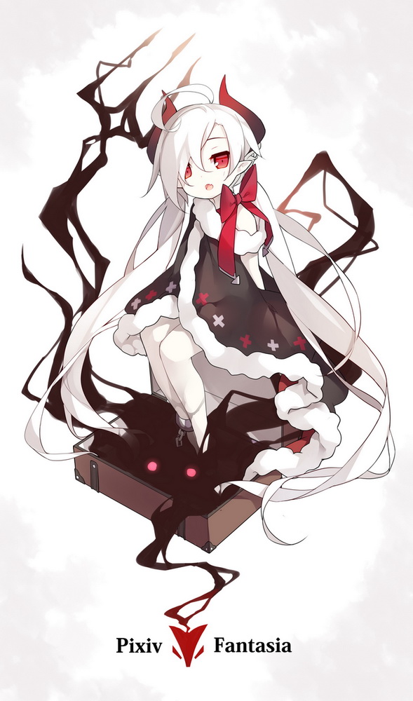1girl ahoge chain cloak copyright_name cuffs darkness demon_girl fur_trim hair_over_one_eye horns long_hair looking_at_viewer open_mouth original pale_skin pitchfork pixiv_fantasia_t red_bow red_eyes saru shackles sitting sitting_on_object solo suitcase very_long_hair white_hair