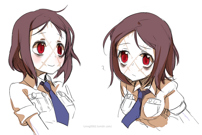 1girl ? bags_under_eyes bangs blush brown_hair carol_(skullgirls) collage expressions necktie ng_(kimjae737) painwheel_(skullgirls) parted_bangs red_eyes scar school_uniform skullgirls small_breasts smile solo stitches