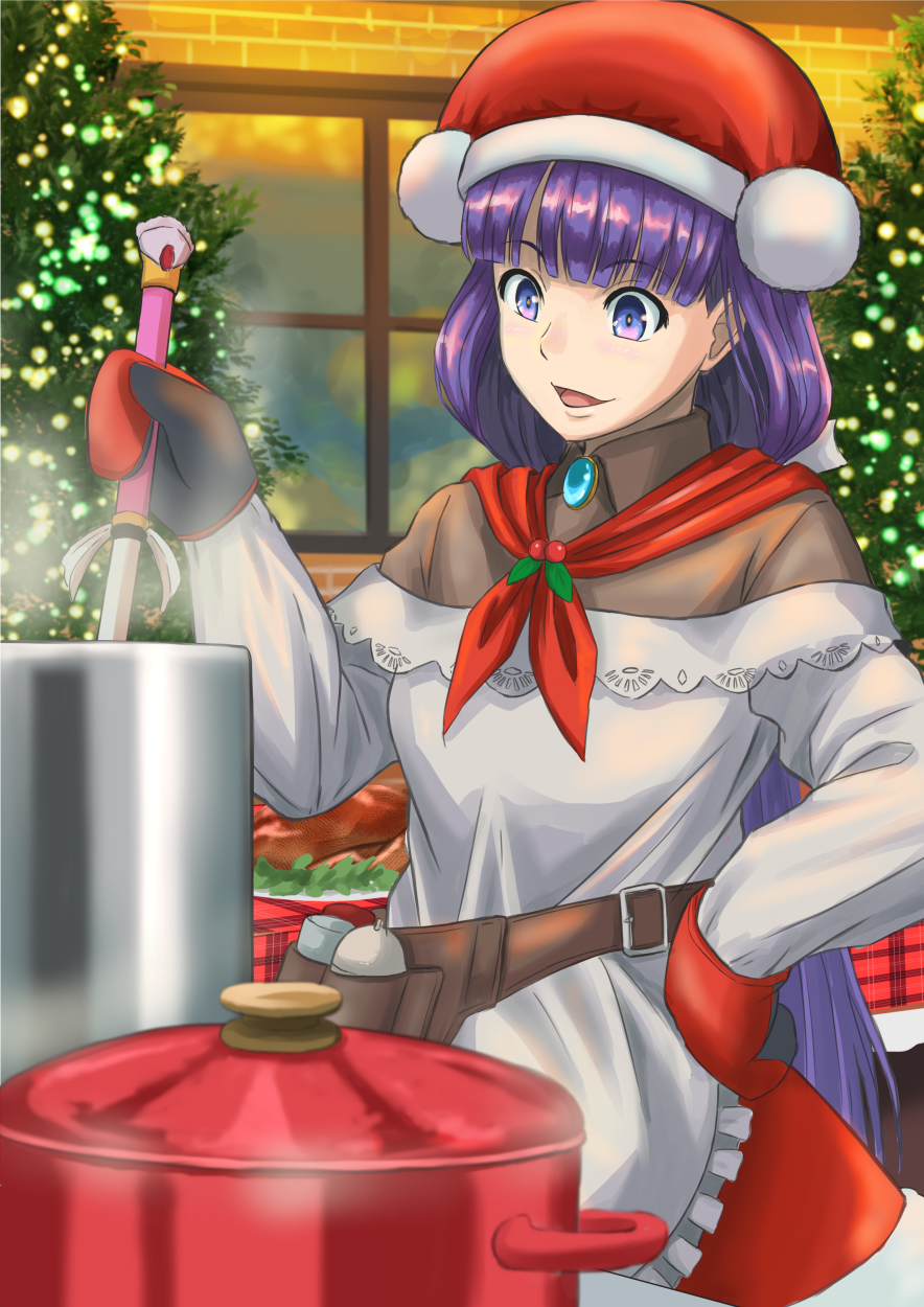 1girl apron bangs belt blue_eyes blush breasts brown_shirt dress fate/grand_order fate_(series) fur-trimmed_dress fur_trim hat highres jewelry ksfactory long_hair long_sleeves martha_(fate) martha_(santa)_(fate) medium_breasts mittens open_mouth purple_hair red_dress red_headwear red_scarf santa_hat scarf shirt smile solo white_apron