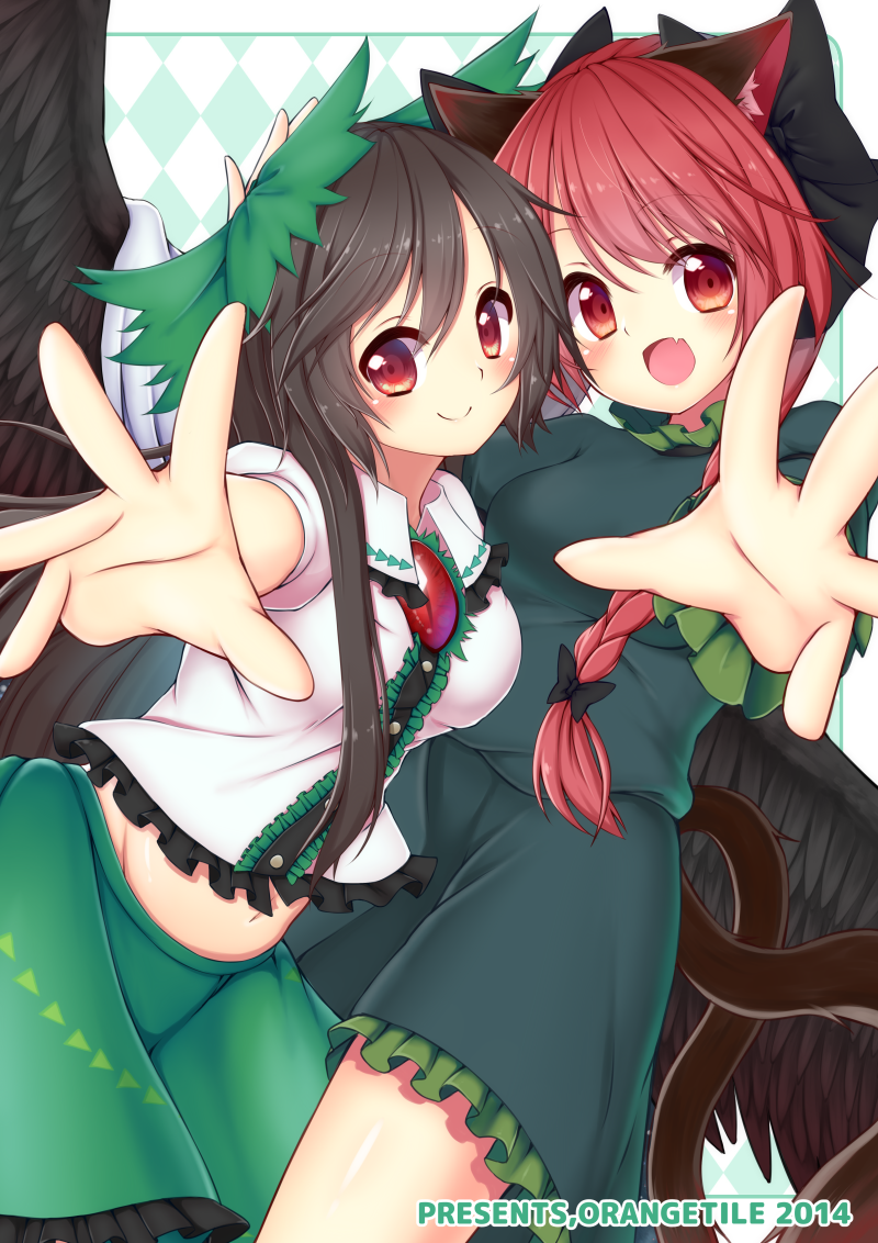 2girls animal_ears black_hair black_wings blush bow cat_ears cat_tail fang hair_bow kaenbyou_rin multiple_girls navel open_mouth outstretched_hand red_eyes redhead reiuji_utsuho symmetrical_pose tail topia touhou wings