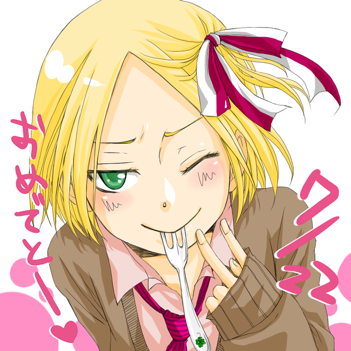 1boy axis_powers_hetalia blonde_hair blush cardigan fork fork_in_mouth green_eyes hair_ribbon mugonseisou necktie poland_(hetalia) ribbon school_uniform short_hair smile solo trap v wink