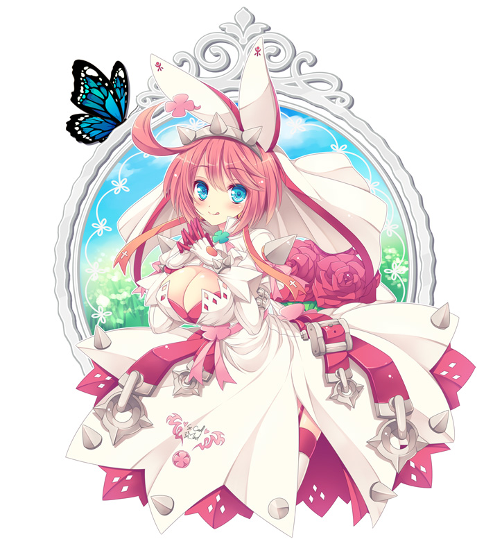 1girl ahoge blue_eyes blush bra breasts bridal_veil butterfly cleavage cleavage_cutout clover cravat cross dress elphelt_valentine fingers_together flower four-leaf_clover gloves guilty_gear guilty_gear_xrd hairband huge_ahoge large_breasts long_sleeves pink_hair puffy_long_sleeves puffy_sleeves red_bra red_rose rose short_hair smile solo spikes tokinon tongue tongue_out underwear veil