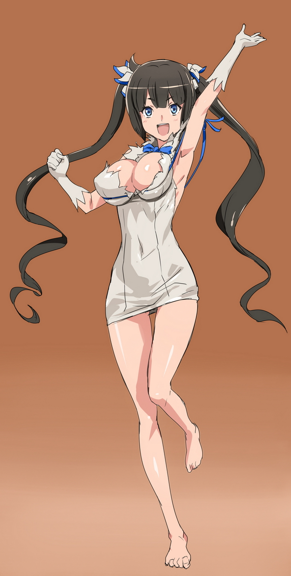 armpits barefoot black_hair breasts cleavage_cutout dress dungeon_ni_deai_wo_motomeru_no_wa_machigatteiru_darou_ka hestia_(danmachi) large_breasts long_hair makacoon twintails white_dress