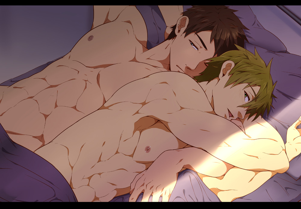 2boys aqua_eyes brown_hair free! green_eyes lying male_focus mazjojo multiple_boys muscle on_back on_side one_eye_closed tachibana_makoto yamazaki_sousuke yaoi