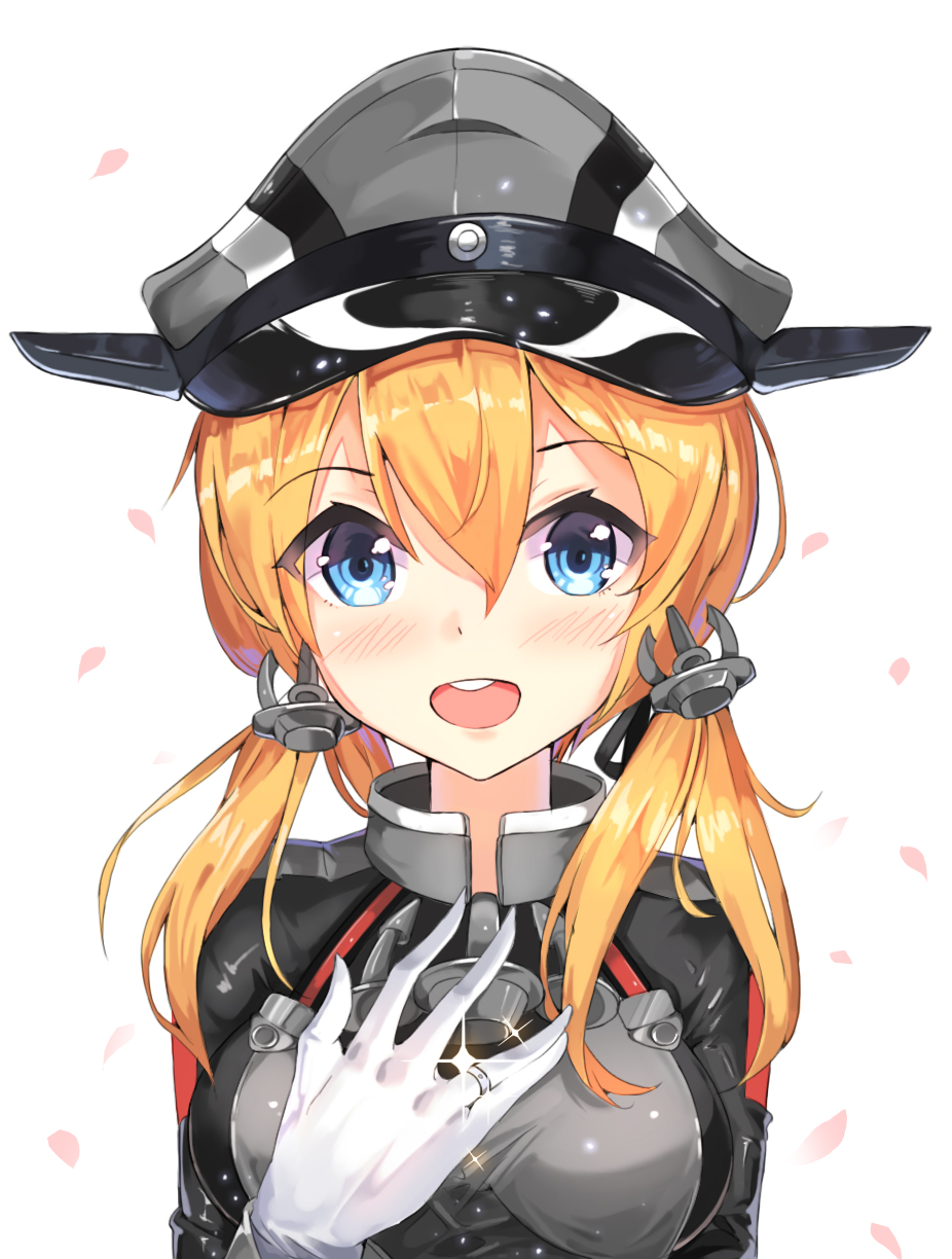 1girl blonde_hair ginon_(sjyh3466) gloves hair_ornament hat highres jewelry kantai_collection long_hair peaked_cap prinz_eugen_(kantai_collection) ring smile solo twintails uniform upper_body
