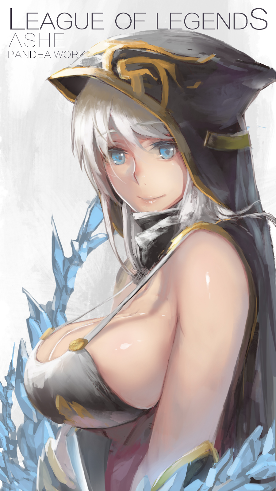 ashe_(league_of_legends) bare_shoulders blue_eyes breasts cape highres hood league_of_legends sky_of_morika white_hair