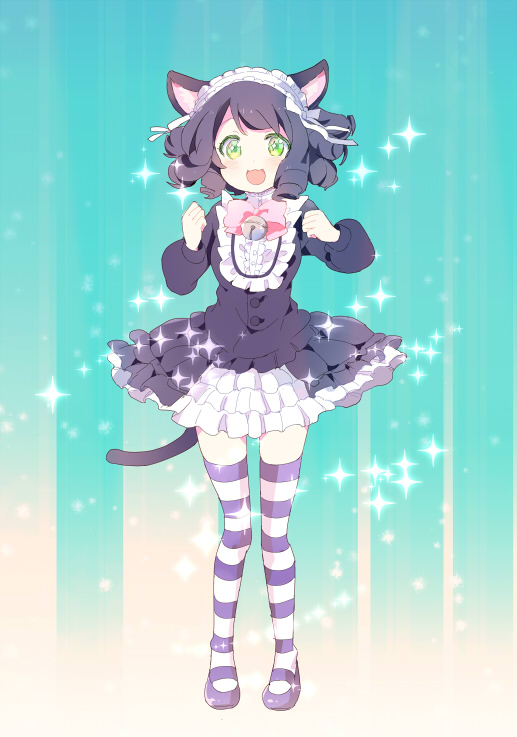 1girl animal_ears bell black_hair blush cat_ears cat_tail curly_hair cyan_(show_by_rock!!) green_eyes hair_ornament looking_at_viewer open_mouth ribbon ruffled_skirt show_by_rock!! solo striped striped_legwear tail thigh-highs