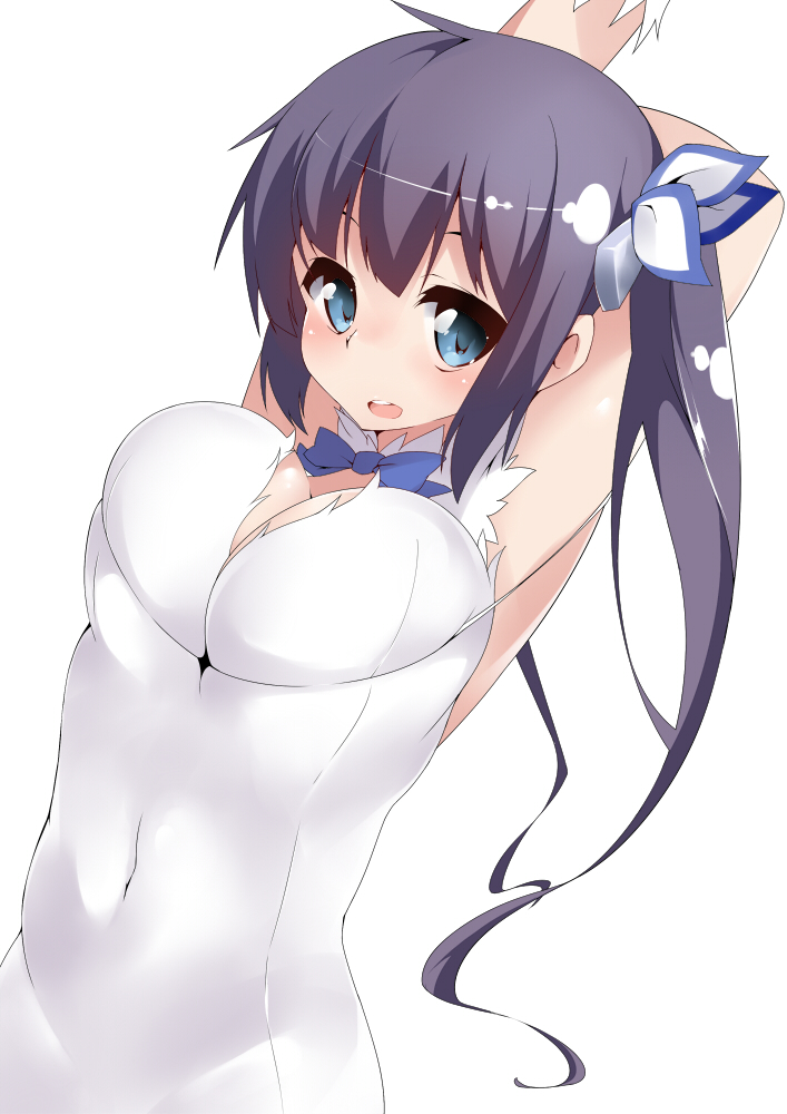 arms_up black_hair blue_eyes breasts cleavage covered_navel dungeon_ni_deai_wo_motomeru_no_wa_machigatteiru_darou_ka hestia_(danmachi) large_breasts long_hair looking_at_viewer open_mouth simple_background tera_zip twintails white_background