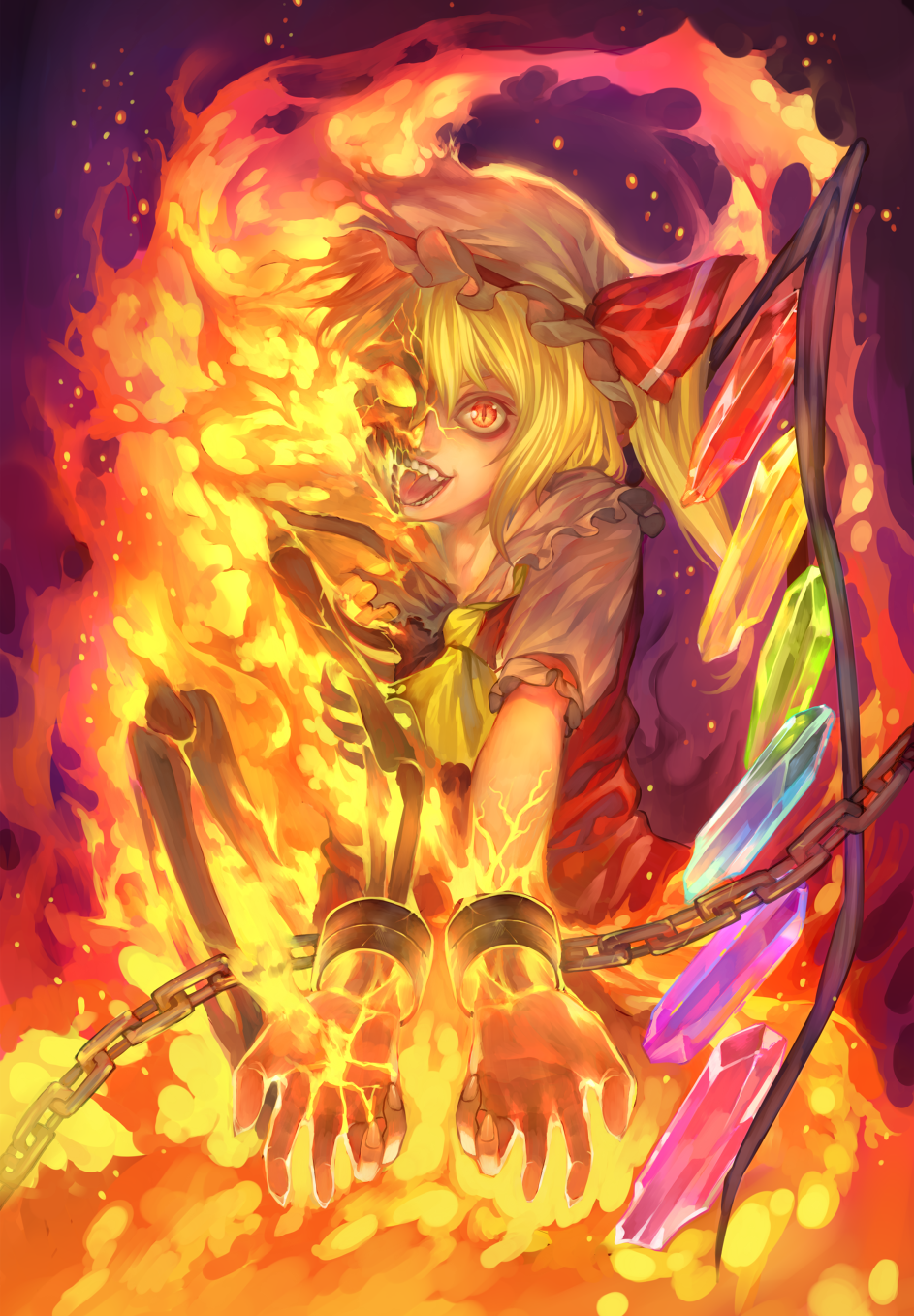 1girl ascot blonde_hair bone burning_at_the_stake chain chained cuffs fire flandre_scarlet hat hat_ribbon highres jacket mob_cap open_clothes open_jacket puffy_short_sleeves puffy_sleeves red_eyes ribbon shackles shikihara_mitabi short_sleeves side_ponytail smile solo touhou wings