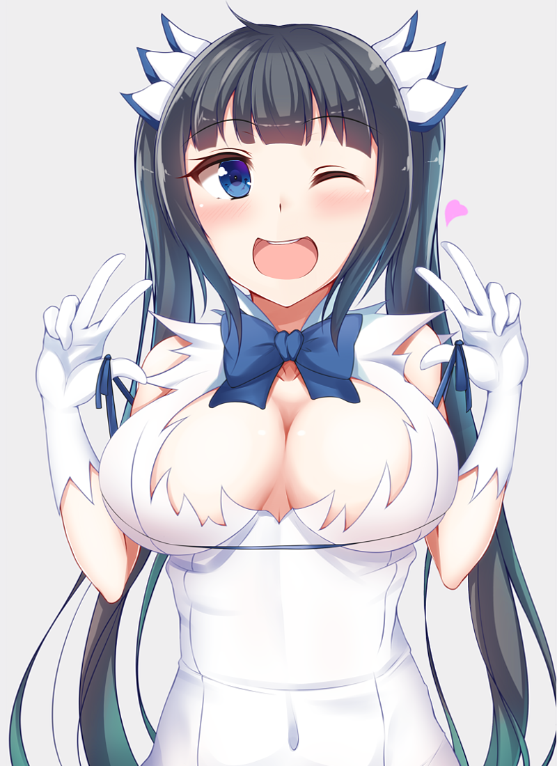 1girl arm_ribbon bare_shoulders black_hair blue_eyes bow breasts cleavage cleavage_cutout covered_navel double_v dress dungeon_ni_deai_wo_motomeru_no_wa_machigatteiru_darou_ka gloves hair_ornament hair_ribbon hands_up heart hestia_(danmachi) kotohane large_breasts long_hair one_eye_closed open_mouth ribbon short_dress simple_background sleeveless sleeveless_dress smile solo twintails v white_dress white_gloves winking