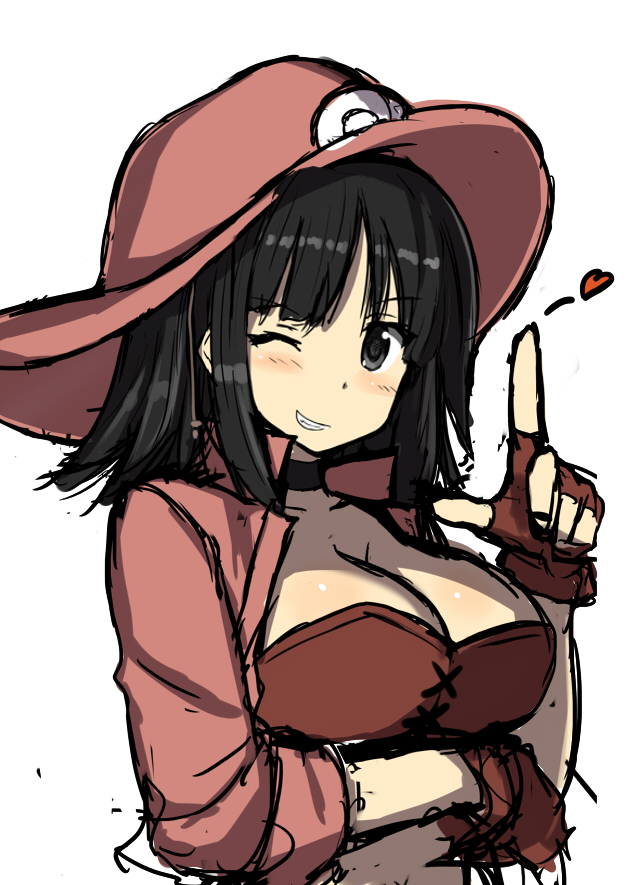 1girl black_eyes black_hair blush breast_hold breasts bustier choker cleavage fingerless_gloves gloves grin hat heart itou_ryuusei one_eye_closed pointing pointing_up sennen_sensou_aigis smile upper_body verotte_(sennen_sensou_aigis) white_background