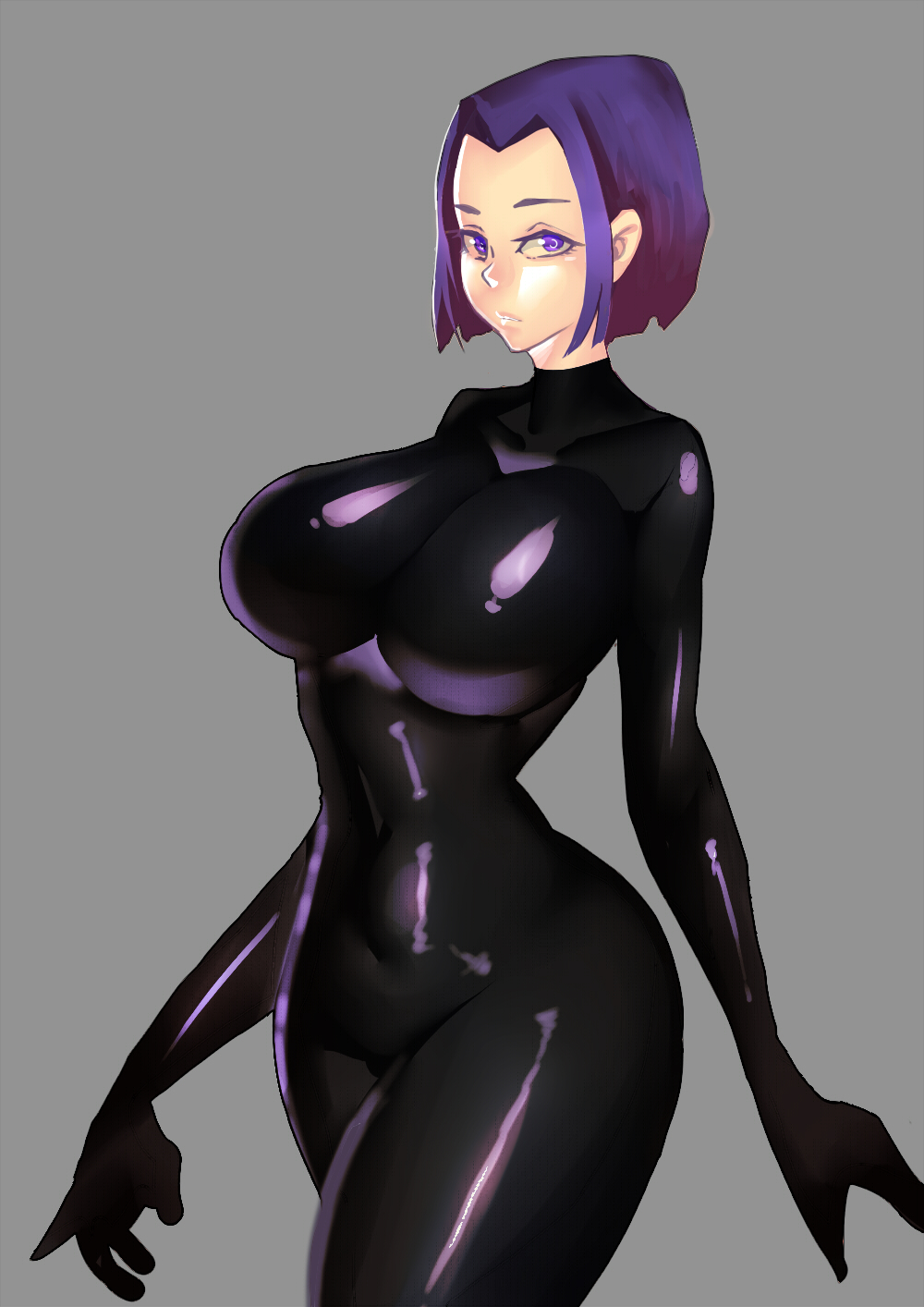 1girl bodysuit breasts dc_comics grey_background highres large_breasts looking_at_viewer purple_hair raven_(dc) short_hair simple_background skin_tight solo teen_titans violet_eyes wide_hips zxc