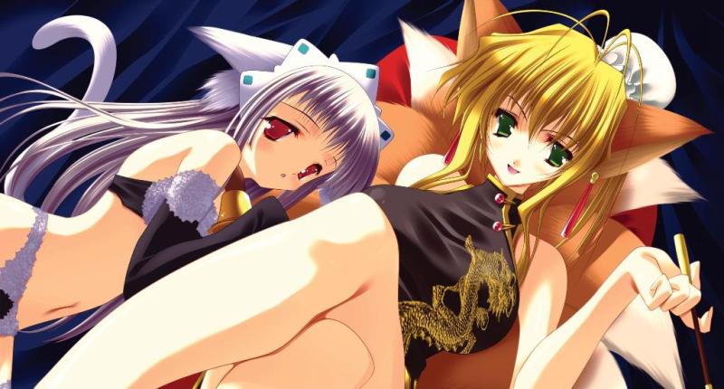 ahoge animal_ears antenna_hair aoi_yuuji bell bell_collar black_bra black_panties blonde_hair blush bra breasts bun_cover cat_ears cat_tail cheong_sam china_dress chinese_clothes collar crossed_legs dutch_angle earrings elbow_gloves fox_ears fox_tail foxgirl game_cg gloves green_eyes jewelry kitsunemimi kyubimimi kyuubi lace lacy large_breasts lingerie long_hair maid multiple_girls multiple_tails nekomimi panties puni_puni_handmaid red_eyes short_hair silver_hair sitting smile tail tamamo_(puni_puni_handmaid) underwear uniform yui_(puni_puni_handmaid)