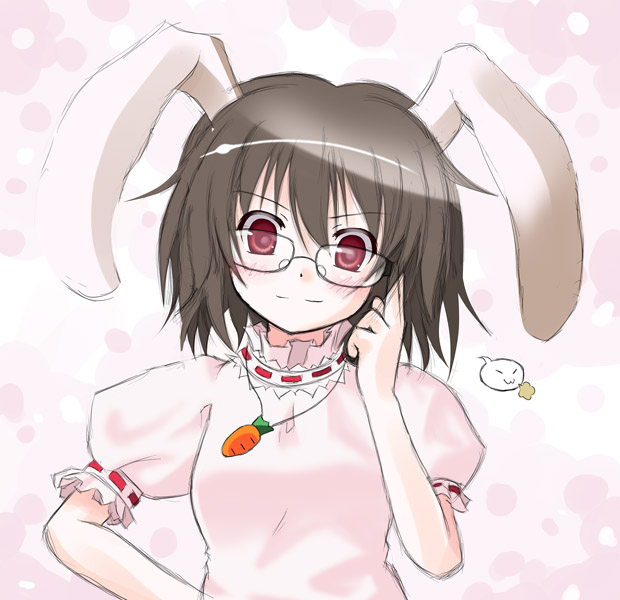 bespectacled black_hair blush brown_hair bunny_ears bunnygirl bust carrot dress game glasses inaba_tewi jewelry kukyo pendant red_eyes short_hair smile touhou usagimimi