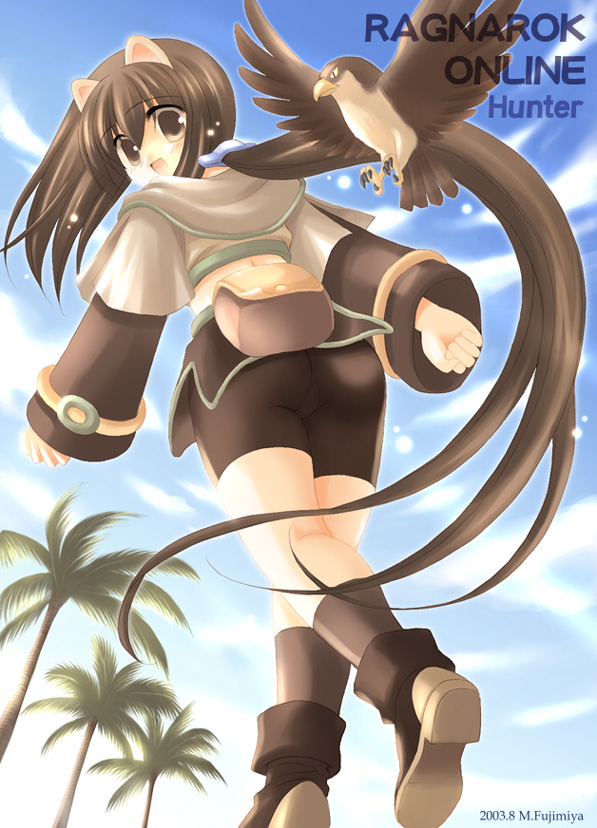 1girl 1other :d animal_ears ass bird blush brown_eyes brown_hair catgirl eyebrows_visible_through_hair female from_below hair_between_eyes happy hunter long_hair looking_back ragnarok_online shorts sky smile solo source_request spandex tree