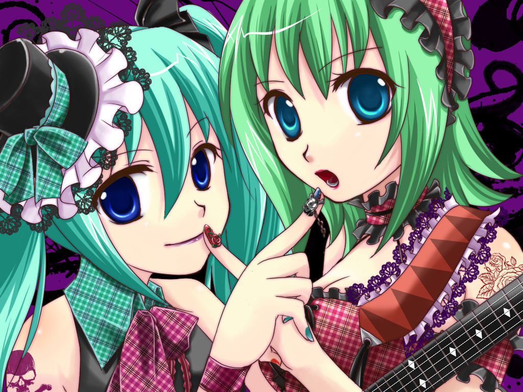 2girls aqua_hair armband blue_eyes choker green_hair guitar gumi hair_ornament hairband hatsune_miku lips mini_top_hat nail_polish necktie open_mouth twintails vocaloid yutu