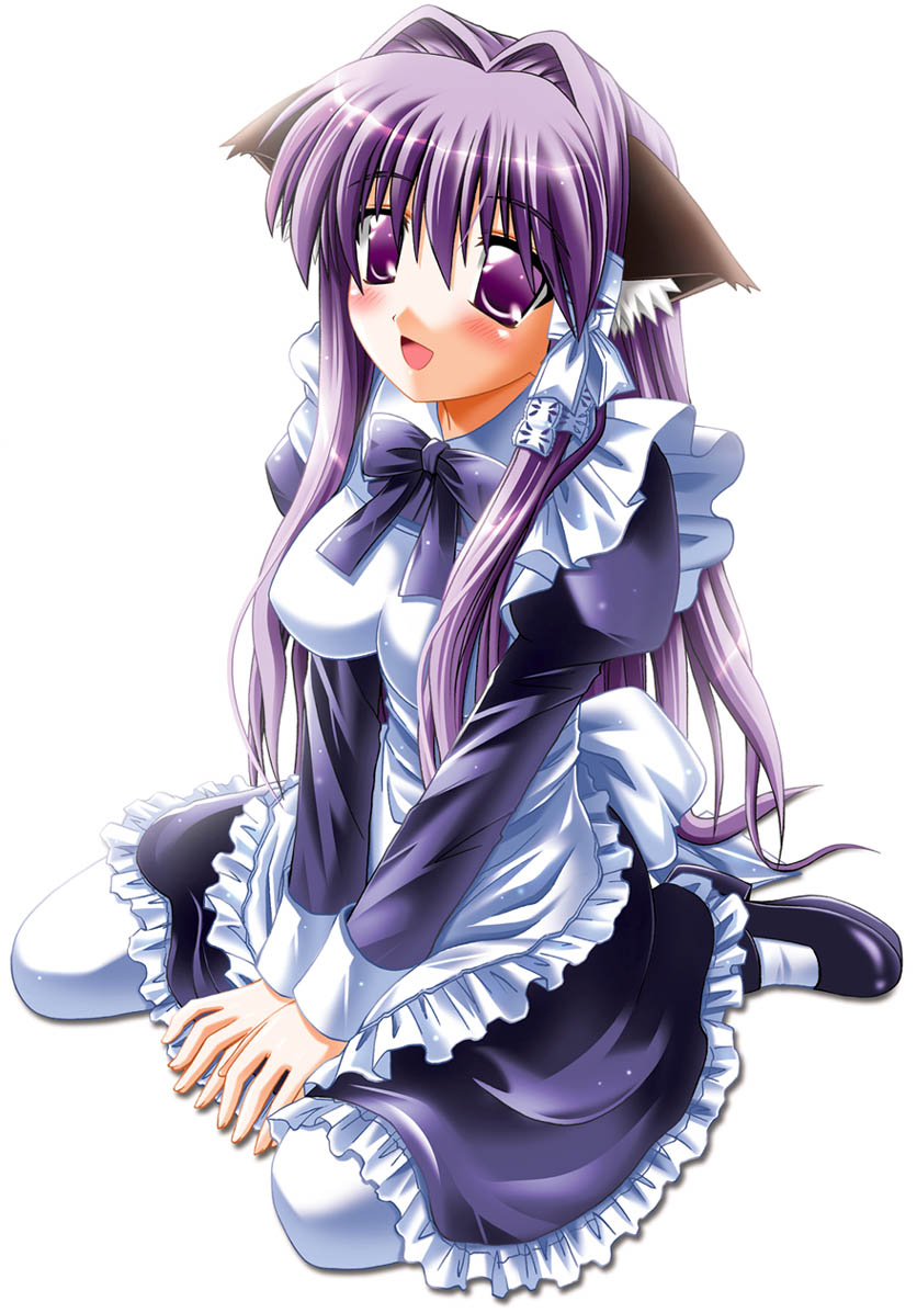 apron blush bow clannad fujibayashi_kyou key kyou long_hair maid nekomimi otoki_raku pantyhose purple_hair uniform violet_eyes