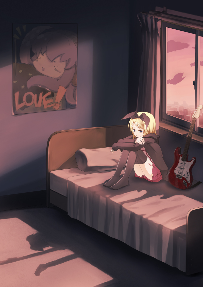 bed blonde_hair blue_eyes cameo electric_guitar guitar hair_ribbon instrument k2pudding kagamine_rin megurine_luka poster_(object) ribbon sitting takoluka takoluka_(cameo) thigh-highs thighhighs vocaloid zettai_ryouiki