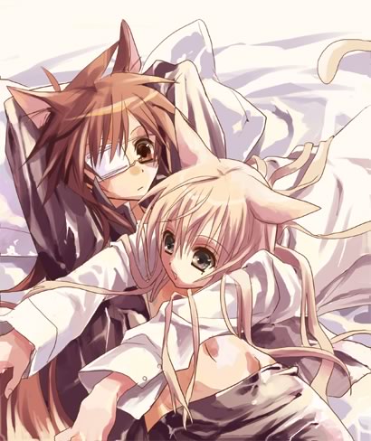 blonde_hair brown_eyes brown_hair grey_eyes long_hair nekomimi open_shirt white_shirt