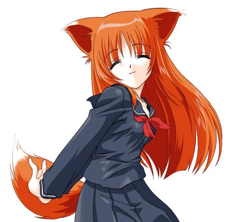 fox_ears fox_tail foxgirl hana_(ukagaka) kitsunemimi long_hair lowres necktie pleated_skirt redhead school_uniform seifuku simple_background skirt tail ukagaka umekichi uniform