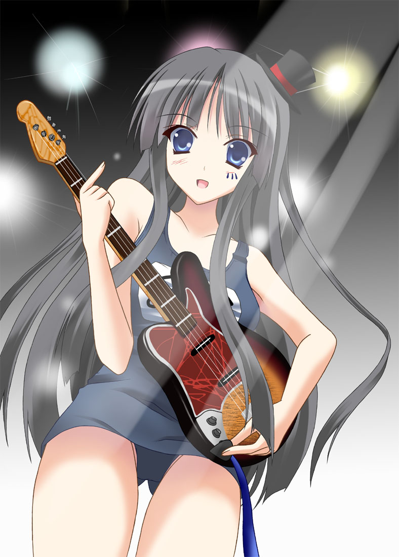 bass_guitar black_hair blue_eyes facepaint from_below guitar hat instrument k-on! kurochima long_hair mini_top_hat one-piece_swimsuit plectrum school_swimsuit solo spotlight swimsuit swimsuit top_hat