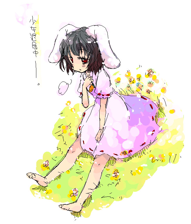 bare_feet black_hair dress feet game grass inaba_tewi oekaki raina red_eyes short_hair touhou usagimimi