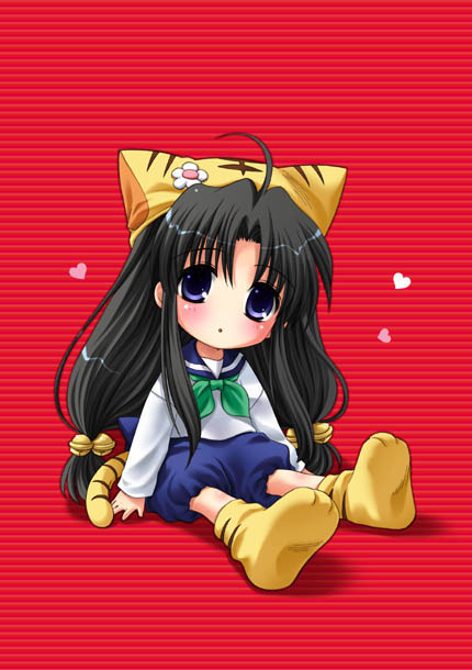 ahoge bell black_hair blue_eyes blush bow cat_ears chibi cosplay di_gi_charat flat_chest kanoneya kawana_misaki loli long_hair nekohat nekomimi one parody puchiko puchiko_(cosplay) sato-pon school_uniform seifuku shorts solo twintails uniform