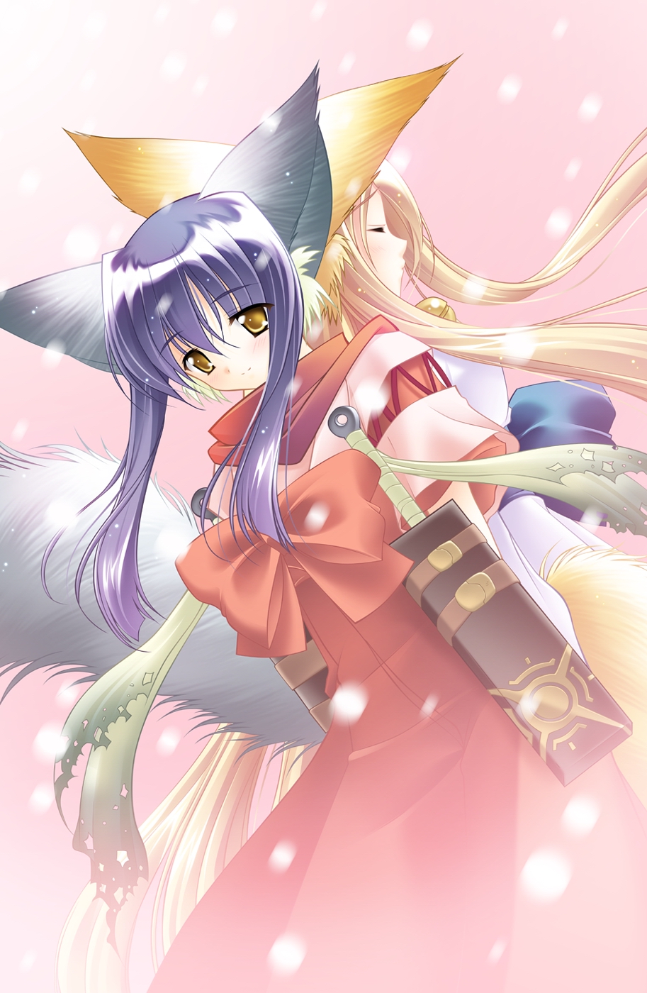 amber_eyes animal_ears back-to-back blonde_hair blue_hair blush carnelian cat_ears closed_eyes fox_ears fox_tail foxgirl game_cg highres japanese_clothes kitsunemimi koma koma_(tail_tale) long_hair louis&amp;visee multiple_girls purple_hair smile snowing soro_(tail_tale) tail tail_tale torn_clothes very_long_hair yellow_eyes