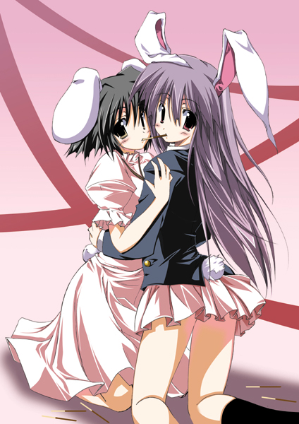 black_hair blush brown_eyes bunny_ears bunnygirl dress food game inaba_tewi knee_highs long_hair pocky purple_hair red_eyes reisen_udongein_inaba s_e_n short_hair skirt socks tail tewi_inaba touhou usagimimi yuri