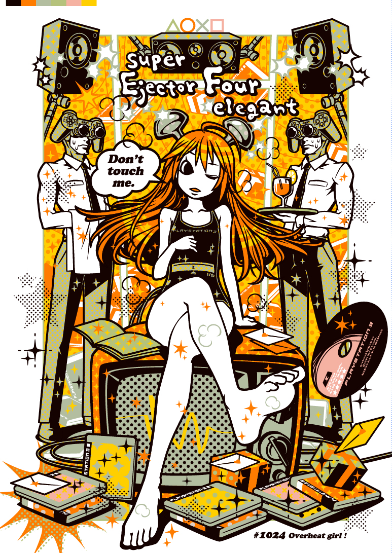 1girl 2boys ahoge barefoot butler cherri_cherri compact_disc controller crossed_legs crt drink dualshock flat_chest flat_color game_controller gamepad jewel_case long_hair multiple_boys one-piece_swimsuit orange_hair personification playstation_3 sitting solo_focus sony straw swimsuit television towel tray wink