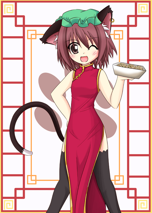 black_legwear blush brown_eyes brown_hair cat_ears cat_tail catgirl chen china_dress chinese_clothes cookie earrings food hat jewelry makino_(ukiuo) paw_print short_hair tail thighhighs touhou wink