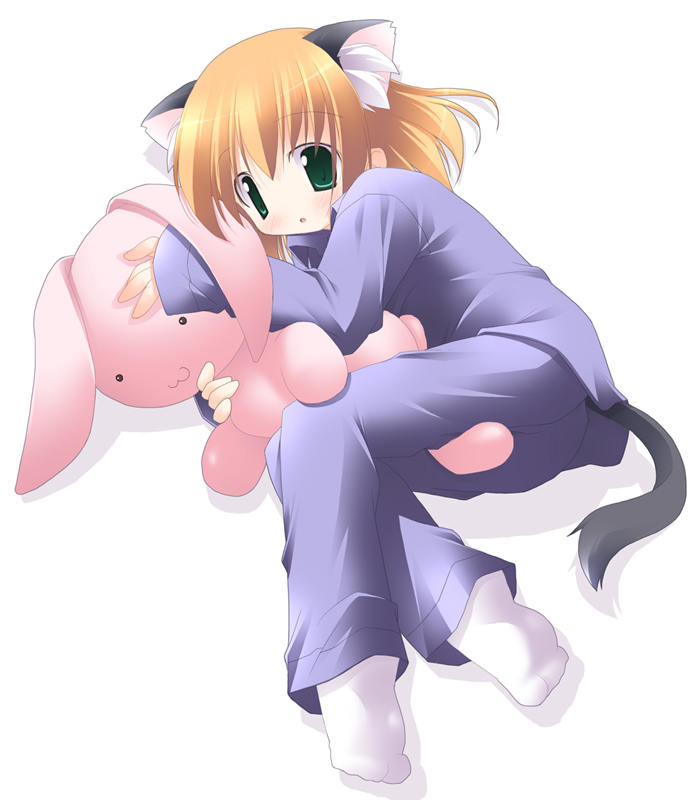 :3 blonde_hair blush cat_ears green_eyes kagura_yuuki nekomimi orange_hair pajamas pyjamas short_hair socks stuffed_animal stuffed_toy tail