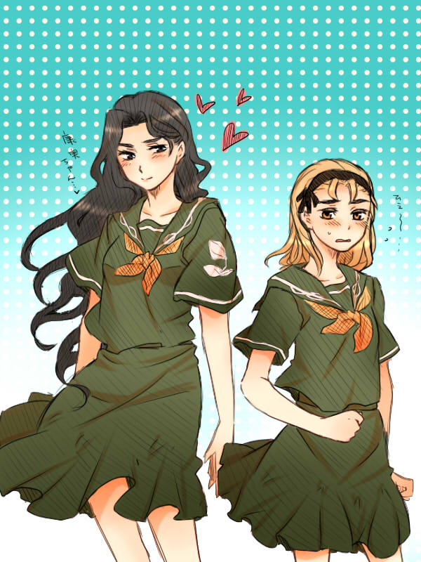 black_hair blonde_hair blush genderswap hairband heart hirose_koichi hirose_kouichi jojo_no_kimyou_na_bouken long_hair megumi_(pixiv75497) school_uniform serafuku sweatdrop yamagishi_yukako yellow_eyes